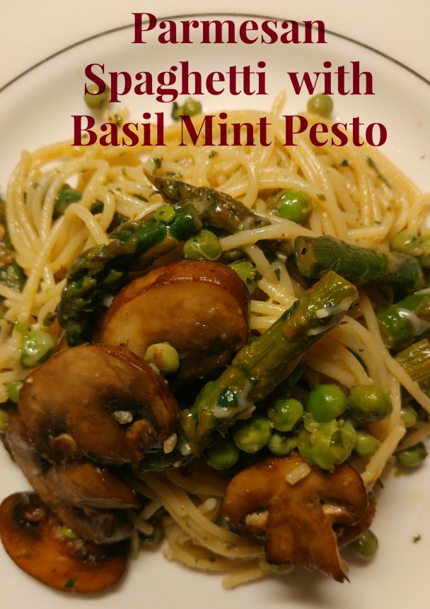 Parmesan spaghetti with basil mint pesto